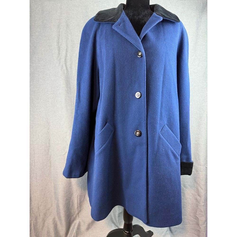 VTG Alfred Dunner 16 Lined 100% Wool Coat‎ Blue W/ black velvet trim USA MADE